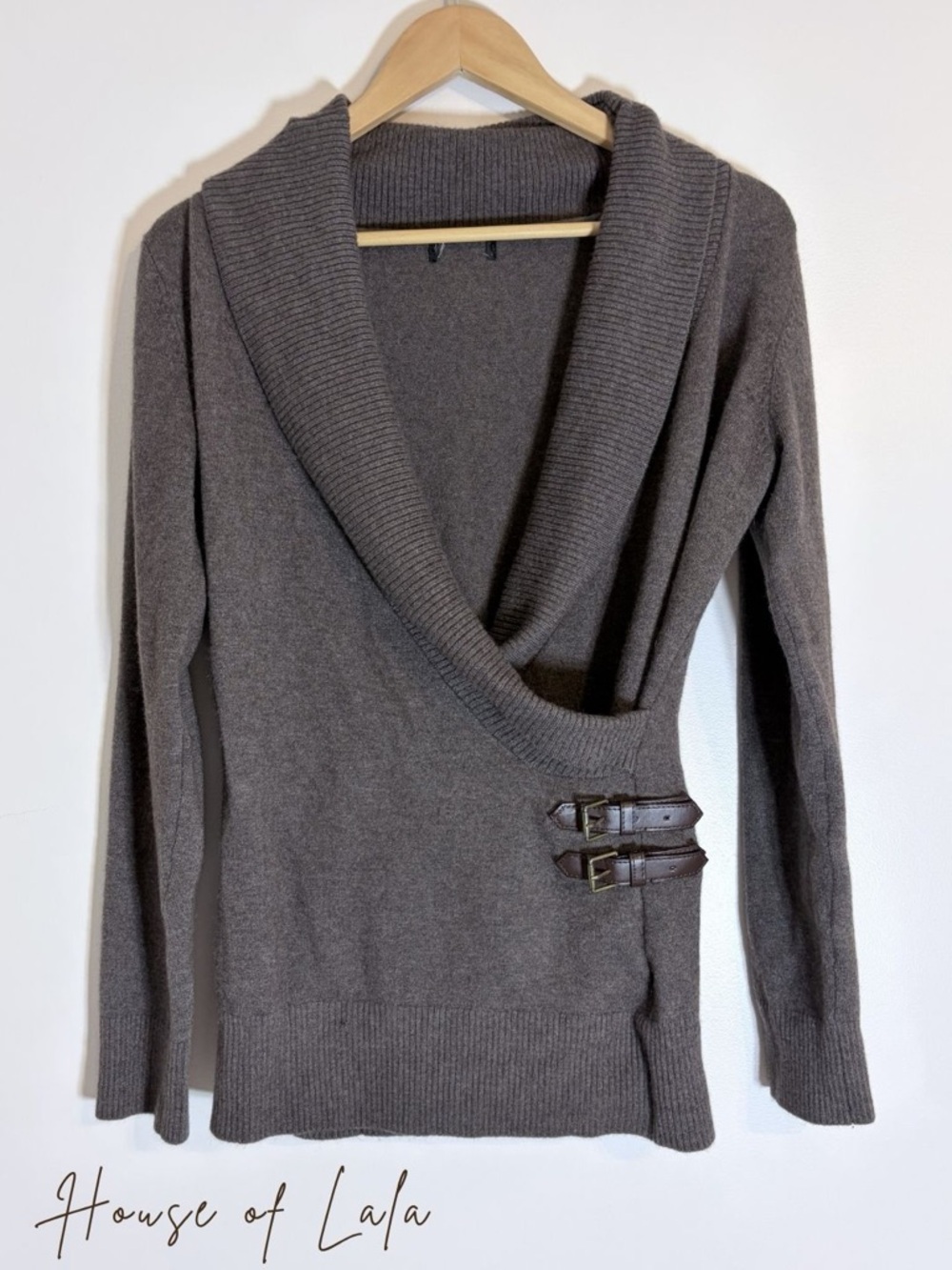 Angora Blend Taupe Wrap Sweater Buckle Detail. Elevated Cozy Chic - Picture 2 of 8
